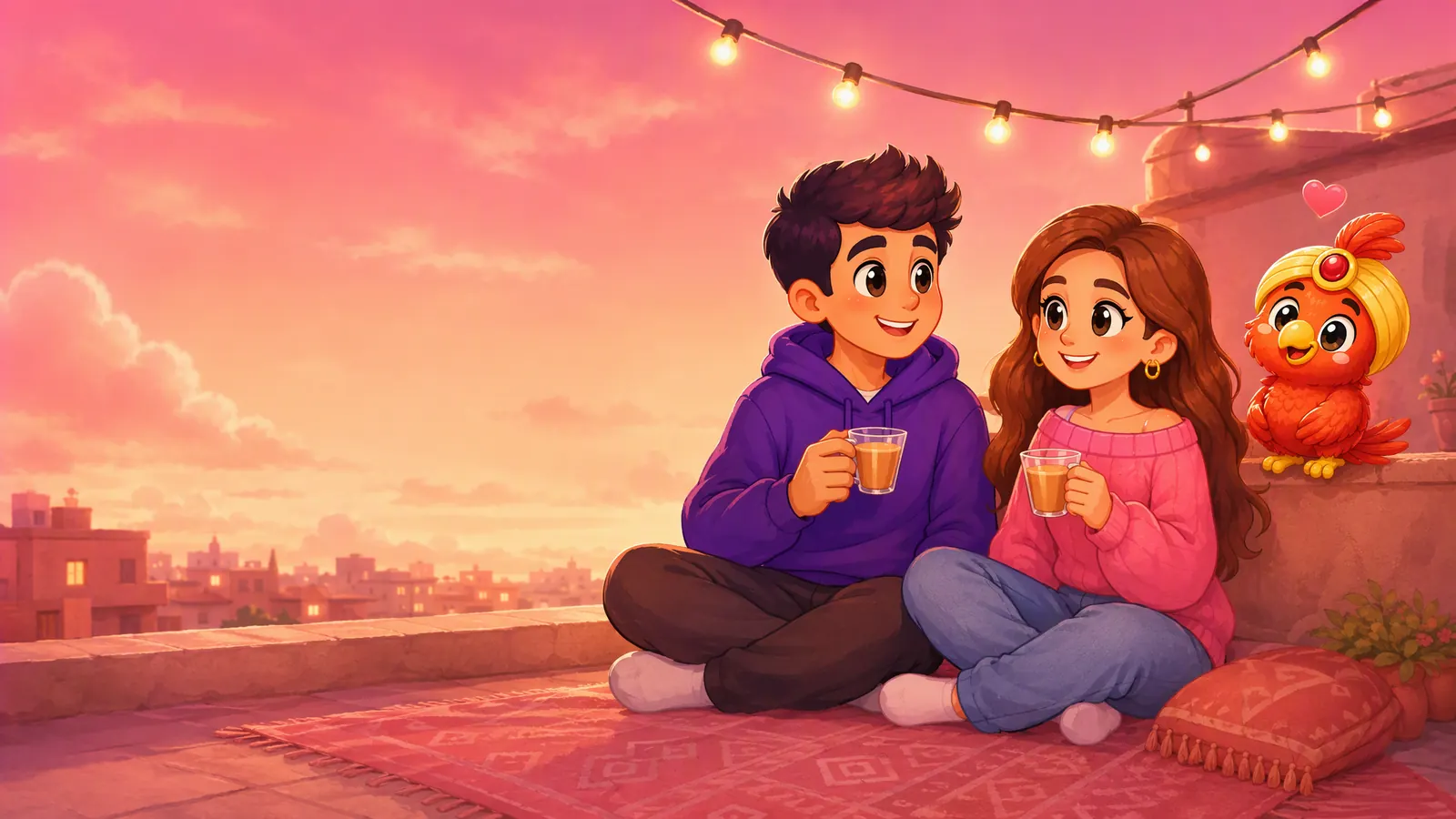 An illustrated couple sharing chai on a rooftop at sunset while Mithu the parrot watches